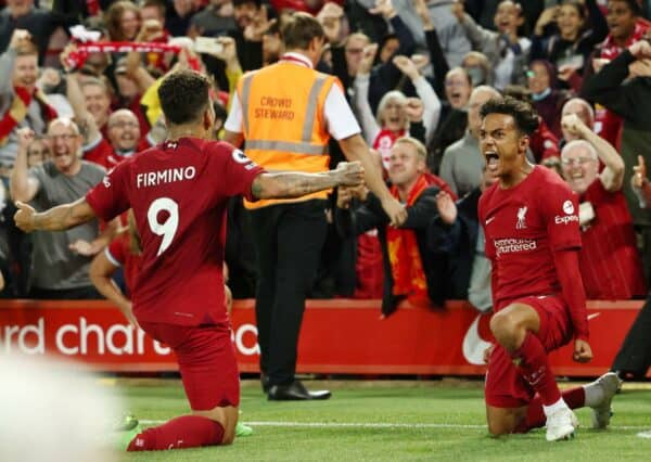 Fabio Carvalho of Liverpool celebrates scoring the winning goal during the Premier League match at Anfield, Liverpool. Picture credit should read: Darren Staples / Sportimage