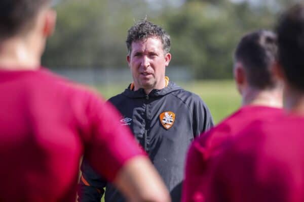 Roar coach Robbie Fowler is seen in action during a team training session at Logan Metro Sports Park in Brisbane, Tuesday, July 2, 2019. (AAP Image/Glenn Hunt)