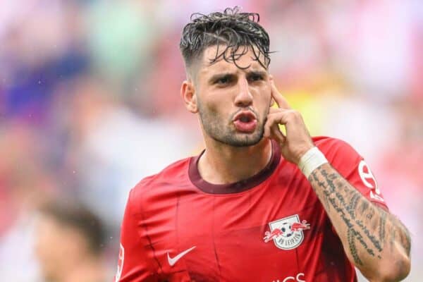 Leipzig's Dominik Szoboszlai celebrates (Credit: Robert Michael/dpa - Contributor: dpa picture alliance / Alamy Stock Photo)