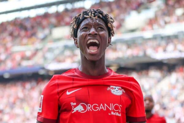 2K0CBG2 Leipzig, Germany. 10th Sep, 2022. Soccer: Bundesliga, Matchday 6, RB Leipzig - Borussia Dortmund at the Red Bull Arena. Leipzig's Amadou Haidara celebrates after scoring to make it 3:0. Credit: Jan Woitas/dpa - IMPORTANT NOTE: In accordance with the requirements of the DFL Deutsche FuBball Liga and the DFB Deutscher FuBball-Bund, it is prohibited to use or have used photographs taken in the stadium and/or of the match in the form of sequence pictures and/or video-like photo series./dpa/Alamy Live News