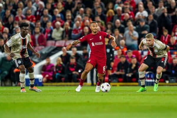 Thiago Alcantara of Liverpool, vs Ajax during the UEFA Champions League match between Liverpool and Ajax at Anfield on September 13, 2022 in Liverpool, United Kingdom (Photo by Andre Weening/Orange Pictures) Credit: Orange Pics BV/Alamy Live News