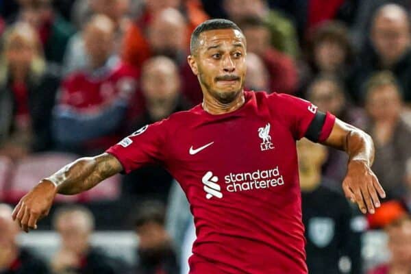 Thiago Alcantara of Liverpool, vs Ajax during the UEFA Champions League match between Liverpool and Ajax at Anfield on September 13, 2022 in Liverpool, United Kingdom (Photo by Andre Weening/Orange Pictures) Credit: Orange Pics BV/Alamy Live News