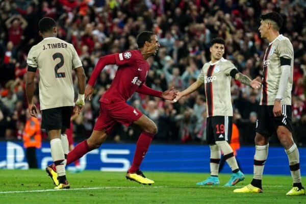 2K0WAW7 Liverpool's Joel Matip celebrates scoring their side's second goal of the game during the UEFA Champions League match at Anfield, Liverpool. Picture date: Tuesday September 13, 2022.