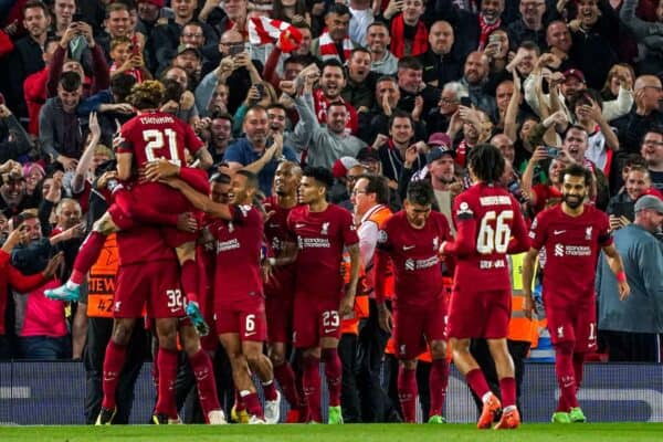 2K0WCMG LIVERPOOL, UNITED KINGDOM - SEPTEMBER 13: Joel Matip of Liverpool celebrating scoring a late winner during the UEFA Champions League match between Liverpool and Ajax at Anfield on September 13, 2022 in Liverpool, United Kingdom (Photo by Andre Weening/Orange Pictures)