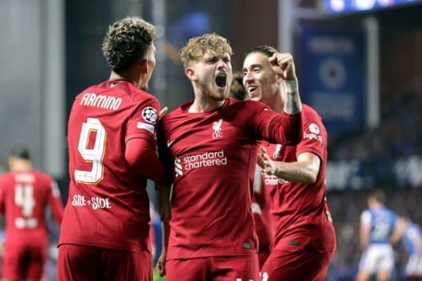 2K698YJ Liverpool's Harvey Elliott celebrates their side's second goal of the game scored by team-mate Roberto Firmino (left) during the UEFA Champions League Group A match at the Ibrox Stadium, Glasgow. Picture date: Wednesday October 12, 2022.