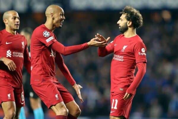 2K69CMB Liverpool's Mohamed Salah celebrates scoring their side's fifth goal of the game during the UEFA Champions League Group A match at the Ibrox Stadium, Glasgow. Picture date: Wednesday October 12, 2022.