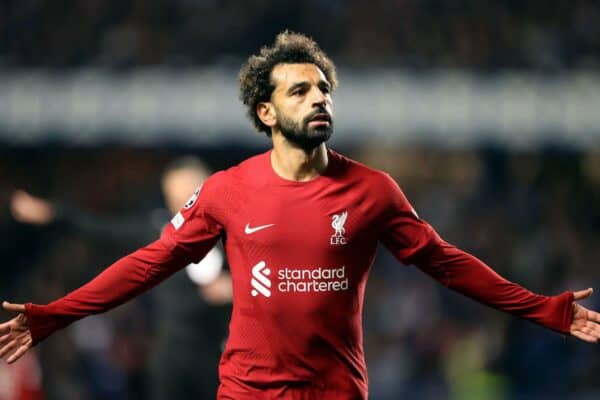 2K69DGX Liverpool's Mohamed Salah celebrates scoring their side's sixth goal of the game to complete his hat-trick during the UEFA Champions League Group A match at the Ibrox Stadium, Glasgow. Picture date: Wednesday October 12, 2022.