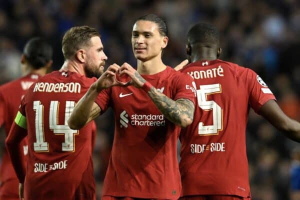 Glasgow, , 12th October 2022. Darwin Nunez of Liverpool scores Liverpool's 3rd goal during the UEFA Champions League match at Ibrox Stadium, Glasgow. Picture credit should read: Neil Hanna / Sportimage