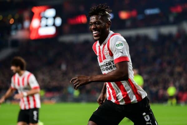 2K6E3R8 EINDHOVEN - Ibrahim Sangare of PSV Eindhoven celebrates the 3-0 win during the UEFA Europa League Group A match between PSV Eindhoven and FC Zurich at Phillips stadium on October 13, 2022 in Eindhoven, Netherlands. ANP OLAF KRAAK