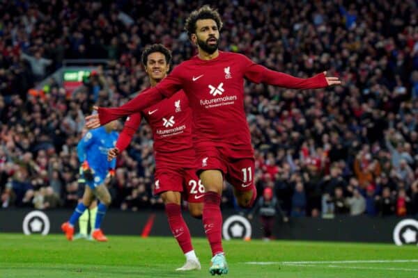 Mohamed Salah celebrates scoring the opening goal during the Premier League match at Anfield, Liverpool. Picture date: Sunday October 16, 2022.