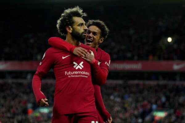 2K6YCF0 Liverpool's Mohamed Salah celebrates scoring the opening goal during the Premier League match at Anfield, Liverpool. Picture date: Sunday October 16, 2022.