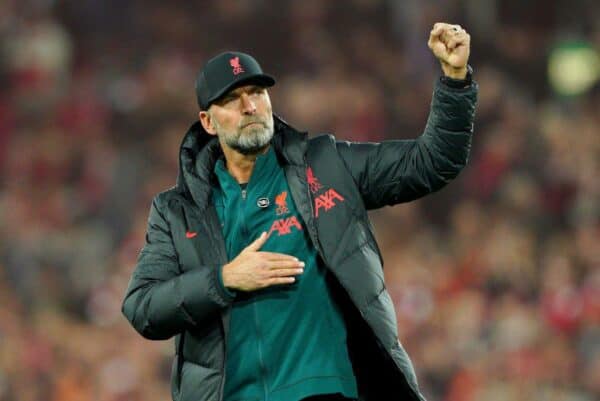 Jurgen Klopp celebrates at full time after the Premier League match at Anfield, Liverpool. Picture date: Sunday October 16, 2022.