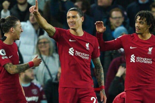 2K7XMKE Liverpool's Darwin Nunez (centre) celebrates scoring their side's first goal of the game during the Premier League match at Anfield, Liverpool. Picture date: Wednesday October 19, 2022.