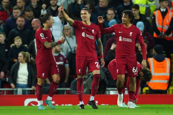 2K7XMKE Liverpool's Darwin Nunez (centre) celebrates scoring their side's first goal of the game during the Premier League match at Anfield, Liverpool. Picture date: Wednesday October 19, 2022.