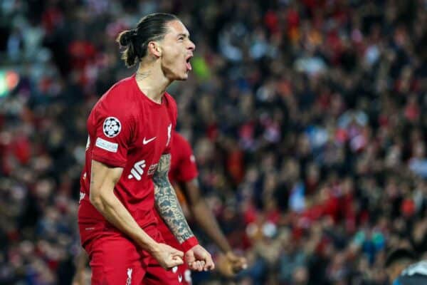 2KAABWT Liverpool, UK. 01st Nov, 2022. Darwin Nunez of Liverpool FC celebrates his goal during the UEFA Champions League match between Liverpool and Napoli at Anfield, Liverpool, England on 1 November 2022. Photo by Ben Wright. Editorial use only, license required for commercial use. No use in betting, games or a single club/league/player publications. Credit: UK Sports Pics Ltd/Alamy Live News