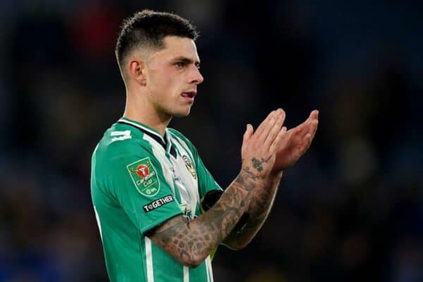 2KDWBE1 Newport County's Adam Lewis applauds the fans after the Carabao Cup third round match at the King Power Stadium, Leicester. Picture date: Tuesday November 8, 2022.