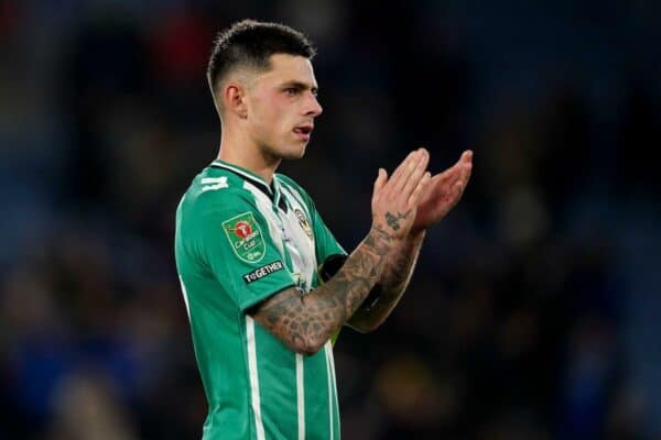 2KDWBE1 Newport County's Adam Lewis applauds the fans after the Carabao Cup third round match at the King Power Stadium, Leicester. Picture date: Tuesday November 8, 2022.