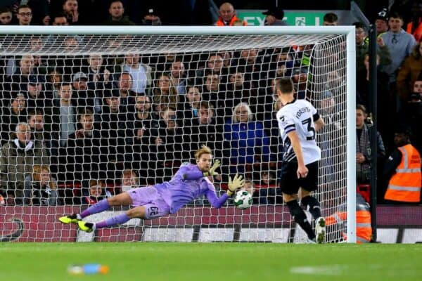 2KE2AF8 Liverpool goalkeeper Caoimhin Kelleher saves a penalty from Derby County's Craig Forsyth during the penalty shoot out of the Carabao Cup third round match at Anfield, London. Picture date: Wednesday November 9, 2022.