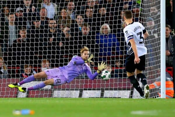 2KE2AF8 Liverpool goalkeeper Caoimhin Kelleher saves a penalty from Derby County's Craig Forsyth during the penalty shoot out of the Carabao Cup third round match at Anfield, London. Picture date: Wednesday November 9, 2022.