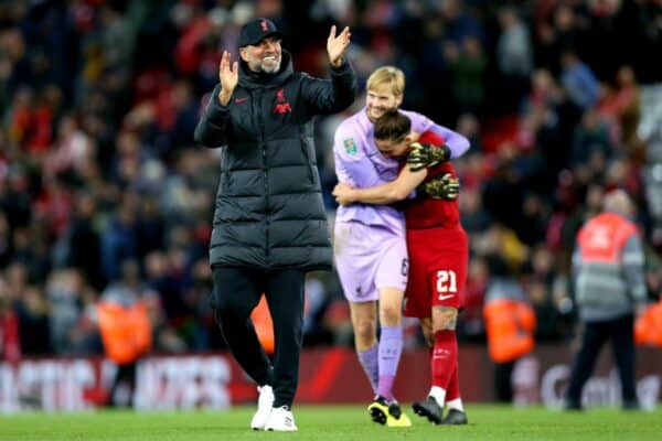 2KE2CC1 Liverpool manager Jurgen Klopp celebrates at the end of the Carabao Cup third round match at Anfield, London. Picture date: Wednesday November 9, 2022.