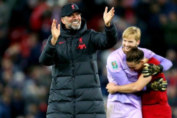 2KE2CC1 Liverpool manager Jurgen Klopp celebrates at the end of the Carabao Cup third round match at Anfield, London. Picture date: Wednesday November 9, 2022.