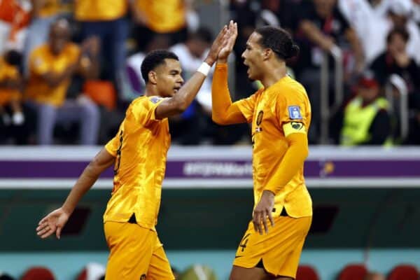 Cody Gakpo of Holland, Virgil van Dijk of Holland celebrate the 1-0 during the FIFA World Cup Qatar 2022 group A match between the Netherlands and Qatar at Al Bayt Stadium on November 29, 2022 in Al Khor, Qatar. ANP MAURICE VAN STONE Credit: ANP/Alamy Live News