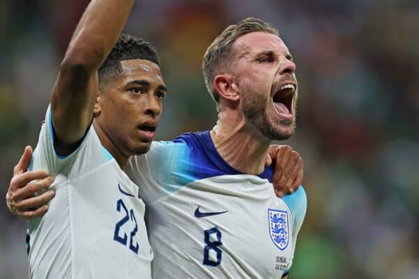 2M06EAA 4th December 2022; Al Bayt stadium, Doha, Qatar: FIFA World Cup football, final 16, England versus Senegal: Jordan Henderson of England celebrates scoring in the 38th minute for 1-0 with team mate Bellingham