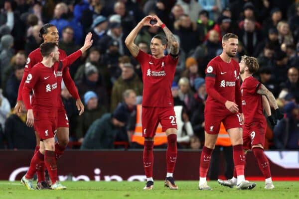 Darwin Nunez (centre) celebrates vs Leicester (December 2022) (Image: PA Images / Alamy Stock Photo)