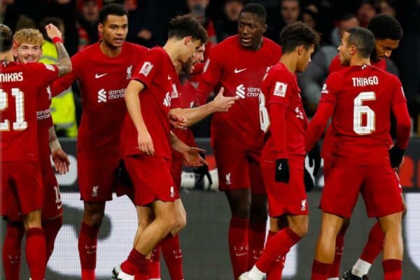 2M9B5CN 17th January 2023; Molineux Stadium, Wolverhampton, West Midlands, England; FA Cup Football, Wolverhampton Wanderers versus Liverpool; Liverpool players celebrate Harvey Elliott's goal after 13 minutes