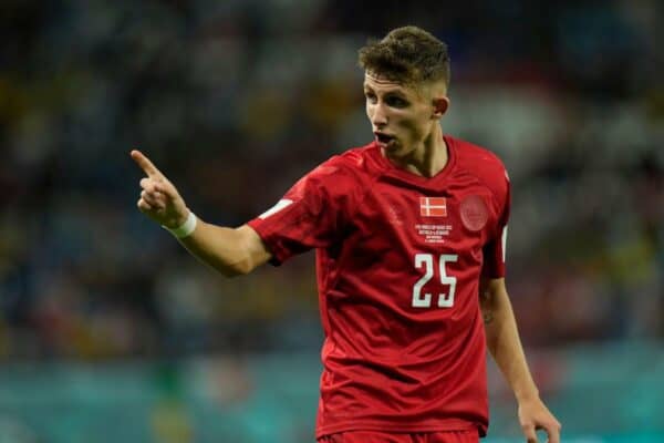 2M9MH0R Denmark's Jesper Lindstrom gestures during the World Cup group D soccer match between Australia and Denmark, at the Al Janoub Stadium in Al Wakrah, Qatar, Wednesday, Nov. 30, 2022. (AP Photo/Francisco Seco)