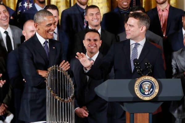 2MWKKBH President Barack Obama, center, reacts to being offered a 'midnight pardon' by Theo Epstein, right, Cubs' president of baseball operations for being a Chicago White Sox fan, during a ceremony in the East Room of the White House in Washington, Monday, Jan. 16, 2017, where the president honored the 2016 World Series Champion baseball team. (AP Photo/Pablo Martinez Monsivais)