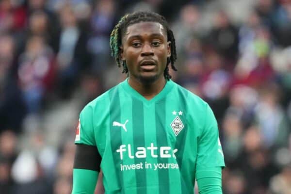 2NA8MGA Berlin, Germany. 12th Feb, 2023. Soccer: Bundesliga, Hertha BSC - Borussia Monchengladbach, Matchday 20, Olympiastadion, Gladbach's Manu Kone. Credit: Soeren Stache/dpa - IMPORTANT NOTE: In accordance with the requirements of the DFL Deutsche FuBball Liga and the DFB Deutscher FuBball-Bund, it is prohibited to use or have used photographs taken in the stadium and/or of the match in the form of sequence pictures and/or video-like photo series./dpa/Alamy Live News