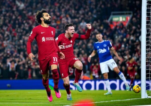 Liverpool's Mohamed Salah (left) celebrates scoring their side's first goal of the game during the Premier League match at Anfield, Liverpool. Picture date: Monday February 13, 2023.