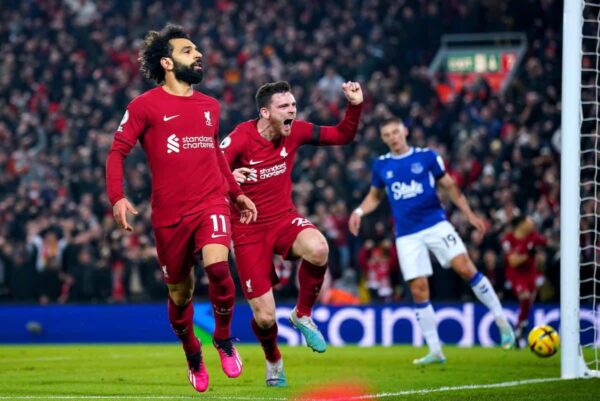 Liverpool's Mohamed Salah (left) celebrates scoring their side's first goal of the game during the Premier League match at Anfield, Liverpool. Picture date: Monday February 13, 2023.