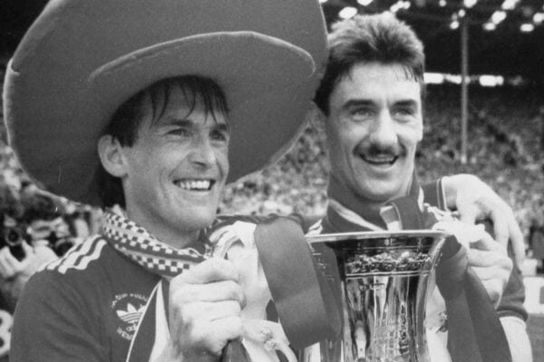 2NFXRWE Liverpool player/manager Kenny Dalglish, left, and two-goal hero Ian Rush hold the England Football Assocaition Cup at Wembley, London, May 10, 1986. Liverpool beat their Merseyside rivals Everton 3-1, to give themselves a double after coming top of the English First Division. (AP Photo/Staff/Dave Caulkin)