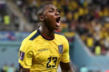 Moises CAICEDO (23) of ECUADOR reacts after scoring in the second half of the FIFA World Cup Group A match ECUADOR vs SENEGAL at Khalifa International Stadium in Ar-Rayyan, Qatar on November 29, 2022. ( The Yomiuri Shimbun via AP Images )