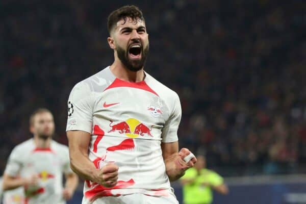 2NJCT64 Leipzig's Josko Gvardiol celebrates after scoring his side's opening goal during the UEFA Champions League round of sixteen first leg soccer match between RB Leipzig and Manchester City in Leipzig, Germany, Wednesday, Feb. 22, 2023. (AP Photo/Andreas Gora)