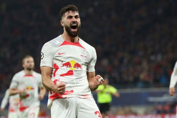 2NJCT64 Leipzig's Josko Gvardiol celebrates after scoring his side's opening goal during the UEFA Champions League round of sixteen first leg soccer match between RB Leipzig and Manchester City in Leipzig, Germany, Wednesday, Feb. 22, 2023. (AP Photo/Andreas Gora)