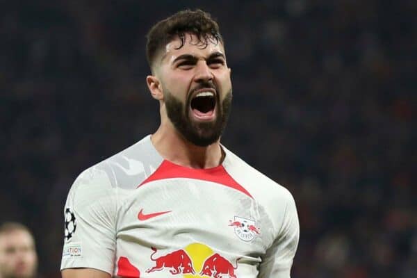 2NJCT64 Leipzig's Josko Gvardiol celebrates after scoring his side's opening goal during the UEFA Champions League round of sixteen first leg soccer match between RB Leipzig and Manchester City in Leipzig, Germany, Wednesday, Feb. 22, 2023. (AP Photo/Andreas Gora)