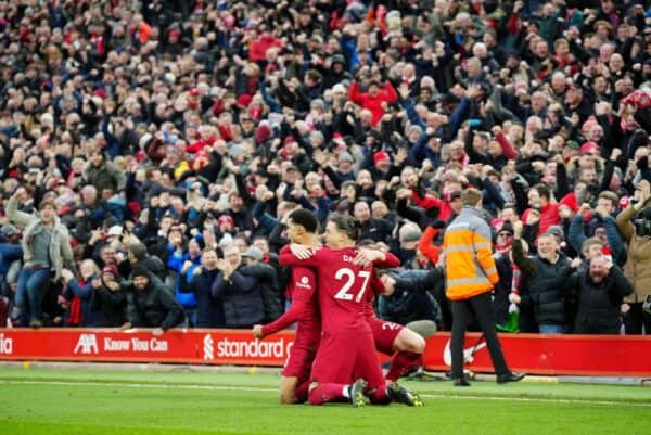 2P3MN0M Liverpool's Cody Gakpo, left, celebrates scoring the opening goal during the English Premier League soccer match between Liverpool and Manchester United at Anfield in Liverpool, England, Sunday, March 5, 2023. (AP Photo/Jon Super)