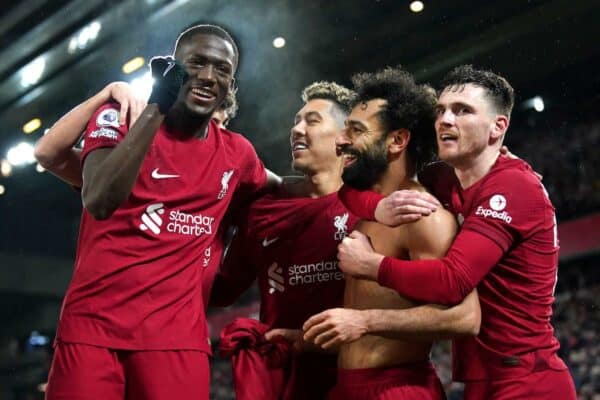 2P3P72D Liverpool's Mohamed Salah (second right) celebrates scoring their side's sixth goal of the game with team-mates during the Premier League match at Anfield, Liverpool. Picture date: Sunday March 5, 2023.