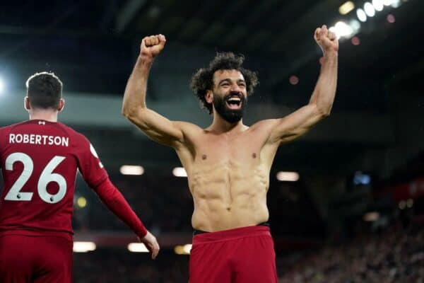 2P3PCJ2 Liverpool's Mohamed Salah celebrates scoring their side's sixth goal of the game during the Premier League match at Anfield, Liverpool. Picture date: Sunday March 5, 2023.