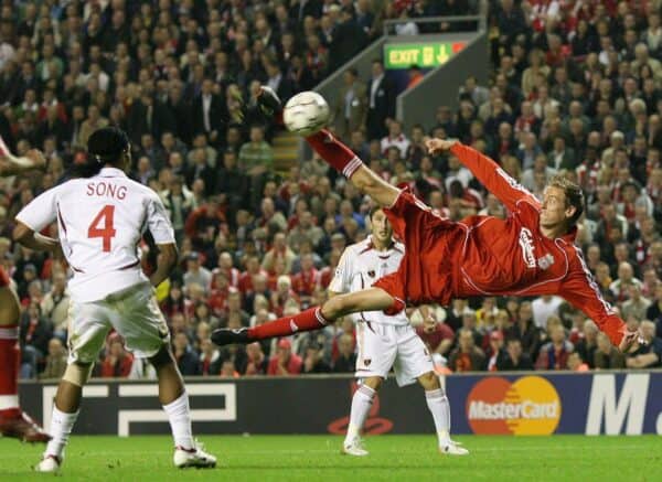 2PBG3Y5 ** FILE ** Liverpool's Peter Crouch scores to make it 3-0 against Galatasaray during the Champions League Group C soccer match at Anfield Stadium, Liverpool, England, Wednesday Sept. 27, 2006. The UEFA Champions League final soccer match between English Premier League outfit Liverpool and Italian giants AC Milan will be played in Athens on May 23. (AP Photo/Dave Thompson)