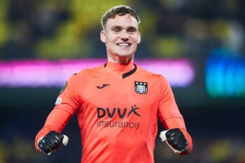 Villarreal, Spain. March 16, 2023, Bart Verbruggen of RSC Anderlecht celebrate the goal during the UEFA Europa Conference League match between Villarreal v Anderlecht on March 16, 2023 in Villarreal, Spain.