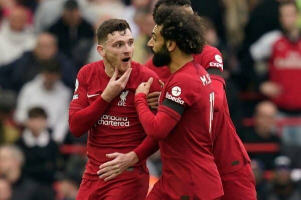 Andrew Robertson of Liverpool is held back by Mohamed Salah of Liverpool after being struck by linesman Constantine Hatzidakis at half time during the Premier League (Image: Andrew Yates/Sportimage Credit: Sportimage/Alamy Live News)