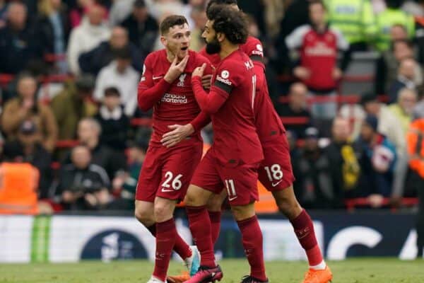 Andrew Robertson of Liverpool is held back by Mohamed Salah of Liverpool after being struck by linesman Constantine Hatzidakis at half time during the Premier League (Image: Andrew Yates/Sportimage Credit: Sportimage/Alamy Live News)