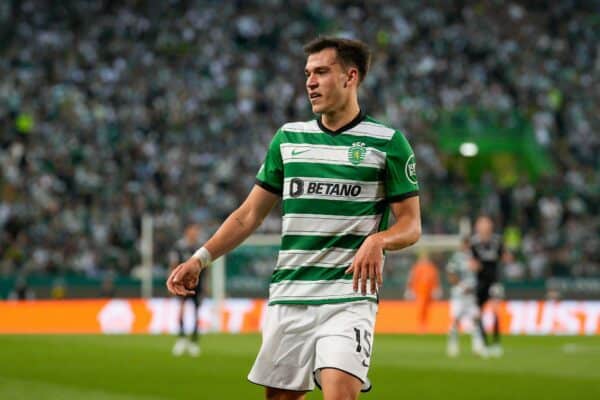 2PNX87A Lisbon, Portugal. 20th Apr, 2023. Manuel Ugarte from Sporting CP in action during the UEFA Europa League Quarter-Finals, 2nd Leg football match between Sporting CP and Juventus FC at Estadio Jose Alvalade. Final score: Sporting CP 1:1 Juventus FC (Photo by Bruno de Carvalho/SOPA Images/Sipa USA) Credit: Sipa US/Alamy Live News