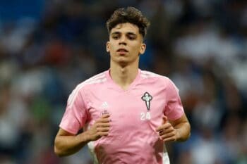 Madrid, Spain. 22nd Apr, 2023. Gabri Veiga of RC Celta de Vigo during the La Liga match between Real Madrid and RC Celta played at Santiago Bernabeu Stadium on April 22, 2023 in Madrid, Spain. (Photo by Cesar Cebolla/PRESSIN) Credit: PRESSINPHOTO SPORTS A