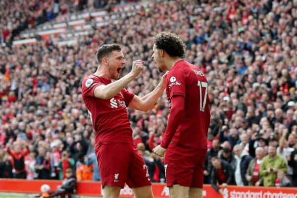 2PWF64E Liverpool, UK. 30th Apr, 2023. Curtis Jones of Liverpool (r) celebrates with his teammate Andrew Robertson after scoring his teams 1st goal. Premier League match, Liverpool v Tottenham Hotspur at Anfield in Liverpool on Sunday 30th April 2023. this image may only be used for Editorial purposes. Editorial use only, license required for commercial use. No use in betting, games or a single club/league/player publications. pic by Chris Stading/Andrew Orchard sports photography/Alamy Live news Credit: Andrew Orchard sports photography/Alamy Live News