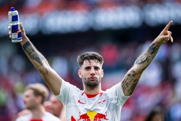 2R03B5T Freiburg Im Breisgau, Germany. 06th May, 2023. Soccer: Bundesliga, SC Freiburg - RB Leipzig, Matchday 31, Europa-Park Stadion. Leipzig's Dominik Szoboszlai cheers after the game. Credit: Tom Weller/dpa - IMPORTANT NOTE: In accordance with the requirements of the DFL Deutsche FuBball Liga and the DFB Deutscher FuBball-Bund, it is prohibited to use or have used photographs taken in the stadium and/or of the match in the form of sequence pictures and/or video-like photo series./dpa/Alamy Live News